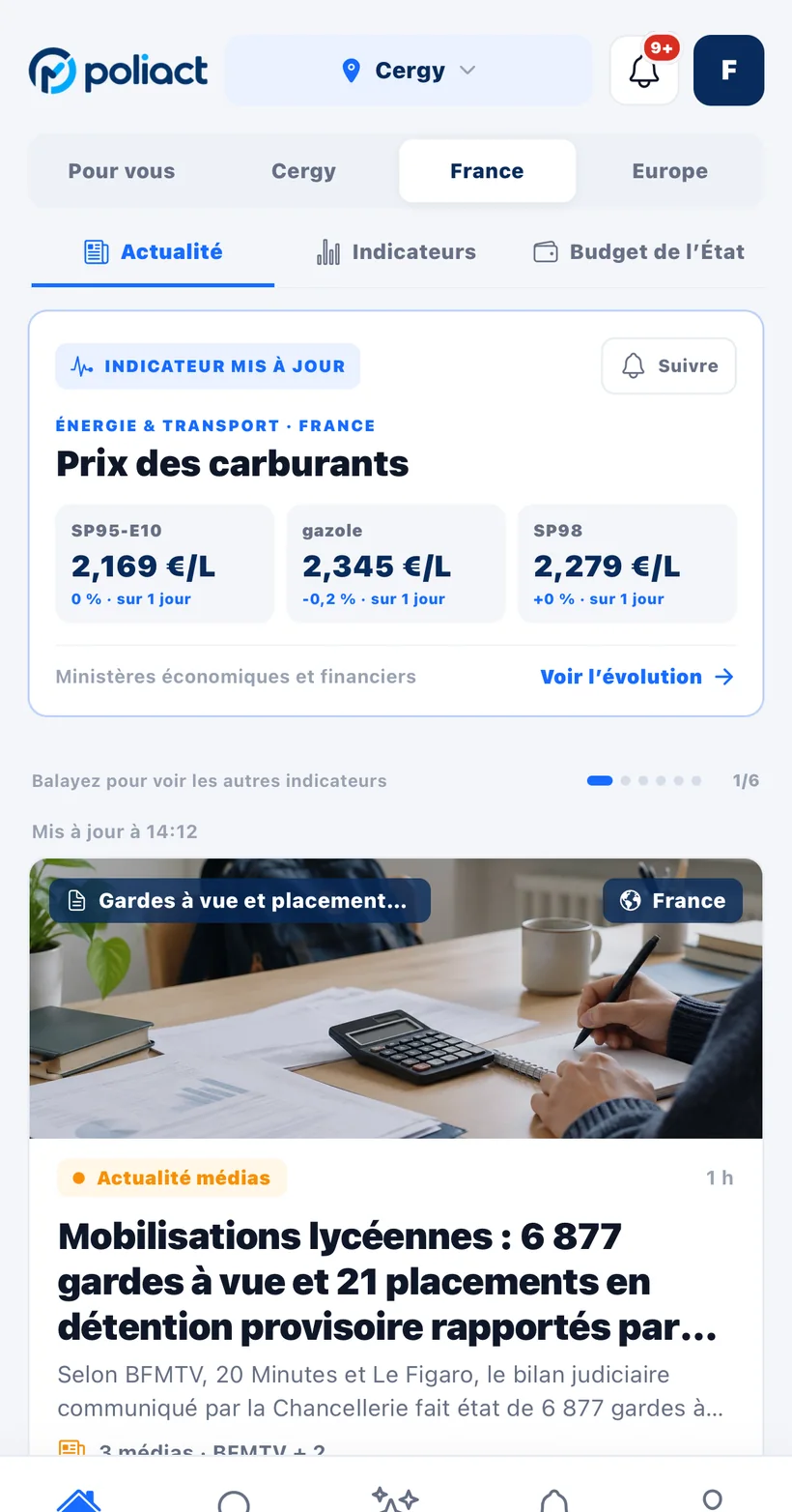 Capture d'&eacute;cran de Poliact : fil d'actualit&eacute; France, indicateurs carburants et article de presse