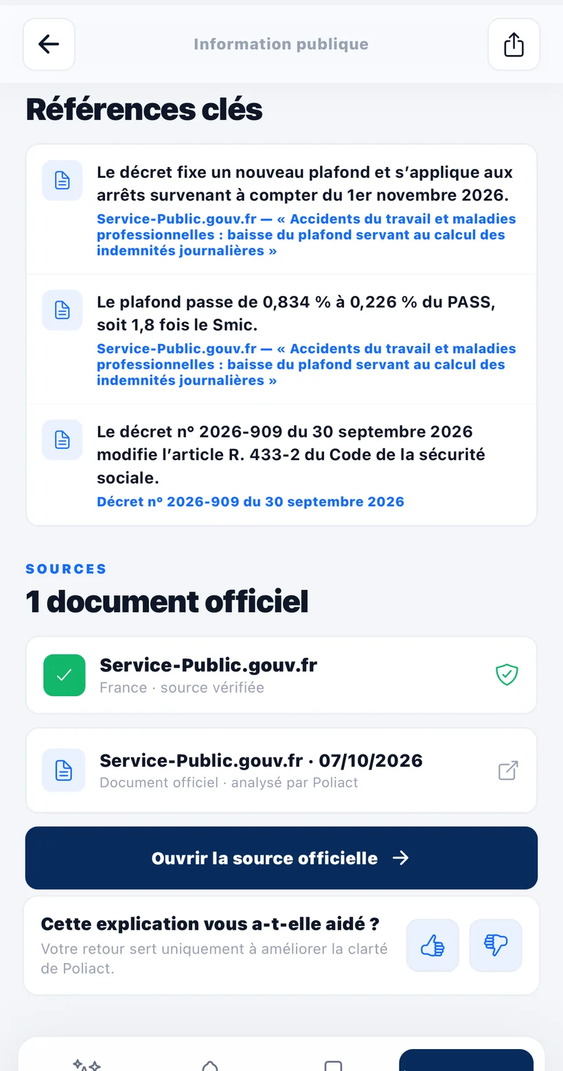 Fiche Poliact montrant des références clés et le bouton Ouvrir la source officielle